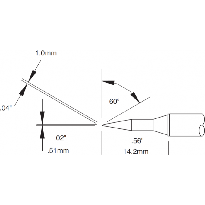 Жало паяльное коническое со скосом 60° удлиненное METCAL для MX 1.00 × 14.2 мм STTC-546