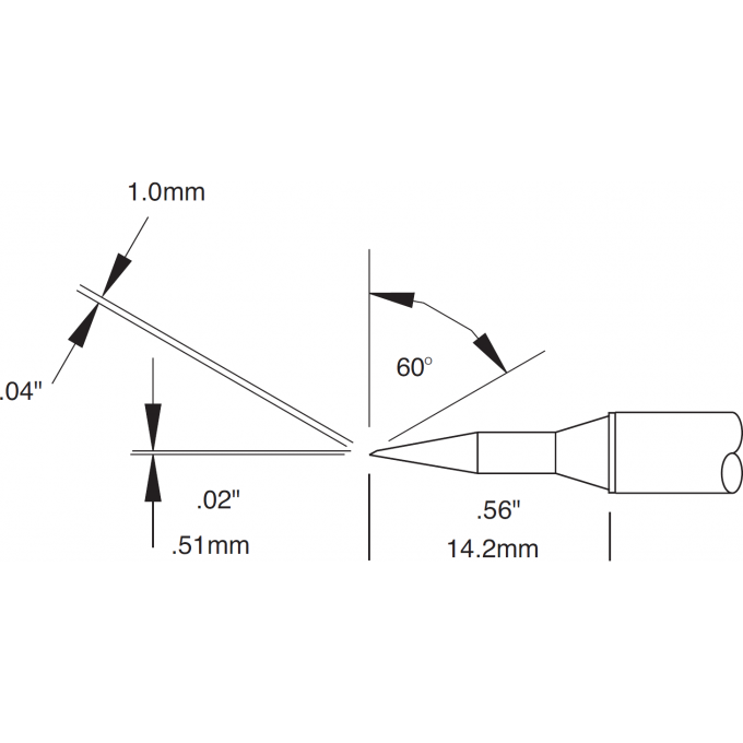 Жало паяльное коническое со скосом 60° удлиненное METCAL для MX 1.00 × 14.2 мм STTC-846